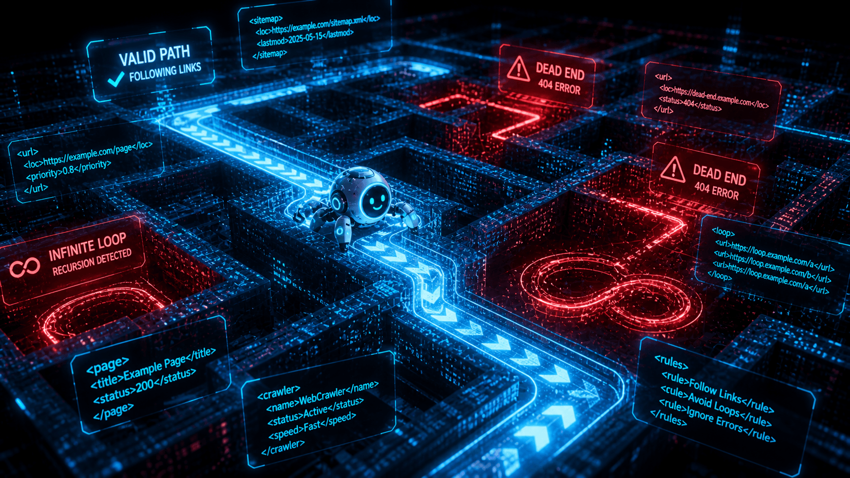 Ein futuristisches Labyrinth aus leuchtenden Datenströmen, durch das ein Suchmaschinen-Roboter sicher navigiert, ohne in leuchtend roten Sackgassen zu landen.