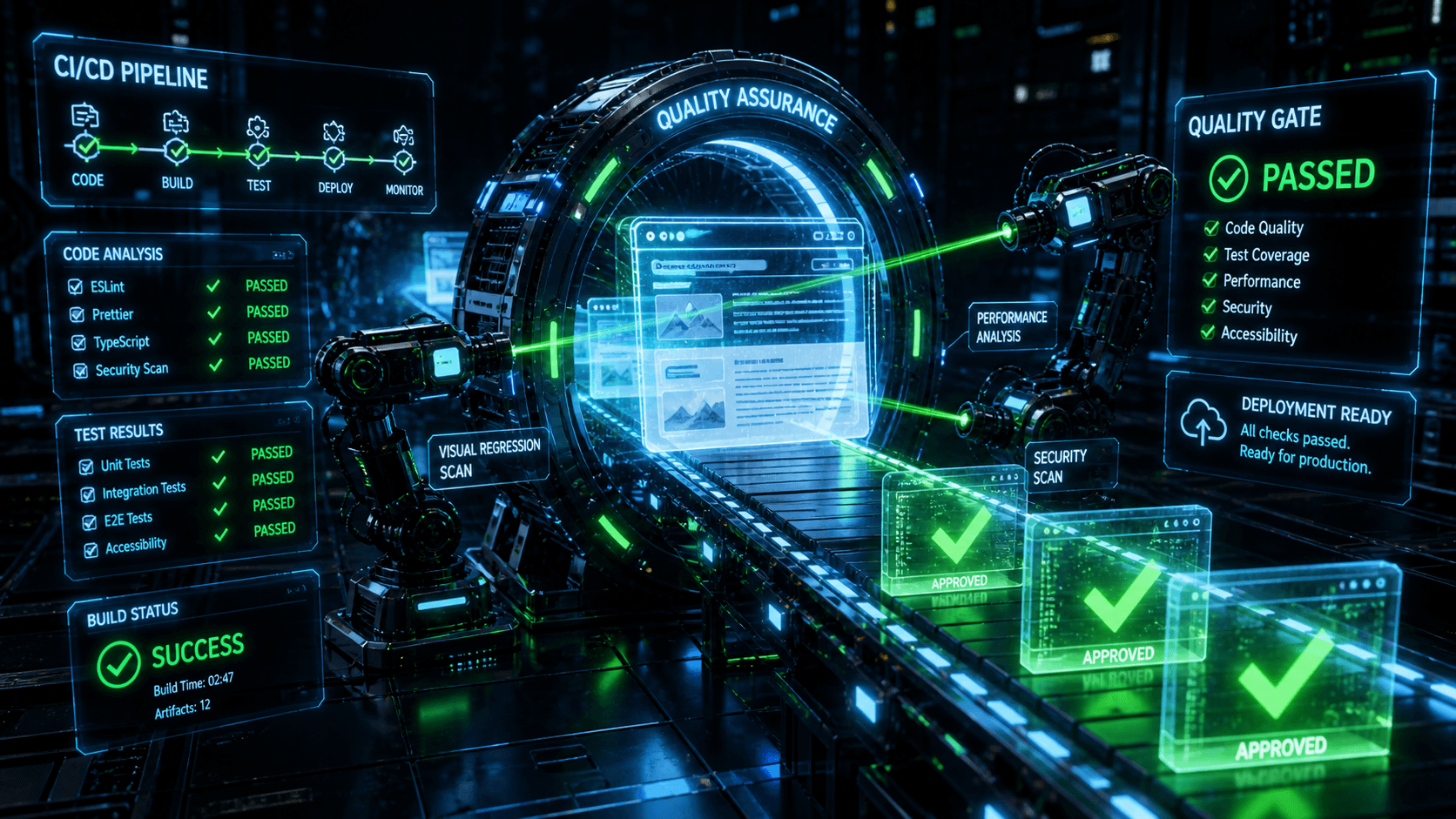 Eine futuristische digitale Prüfanlage, in der holografische Webseiten von Lasern und Sensoren gescannt und mit grünen Häkchen freigegeben werden.