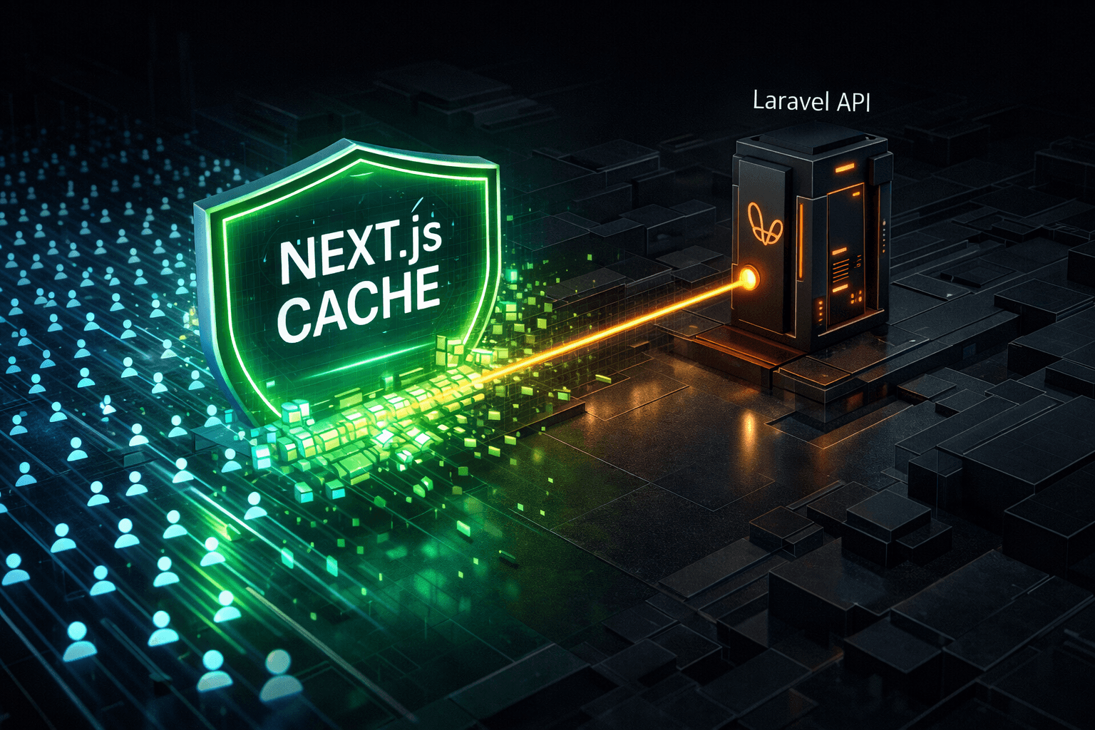 Ein Diagramm zeigt, wie der Next.js Cache tausende Nutzeranfragen abfängt und die Laravel API schont.