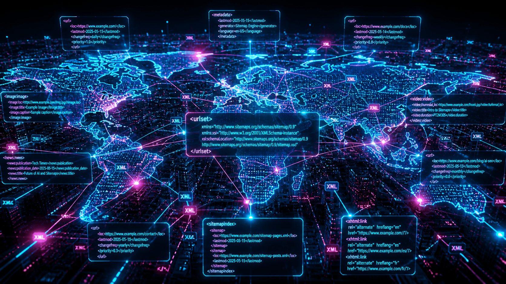 Eine gigantische, leuchtende digitale Landkarte, die sich aus unzähligen XML-Knotenpunkten dynamisch aufbaut.