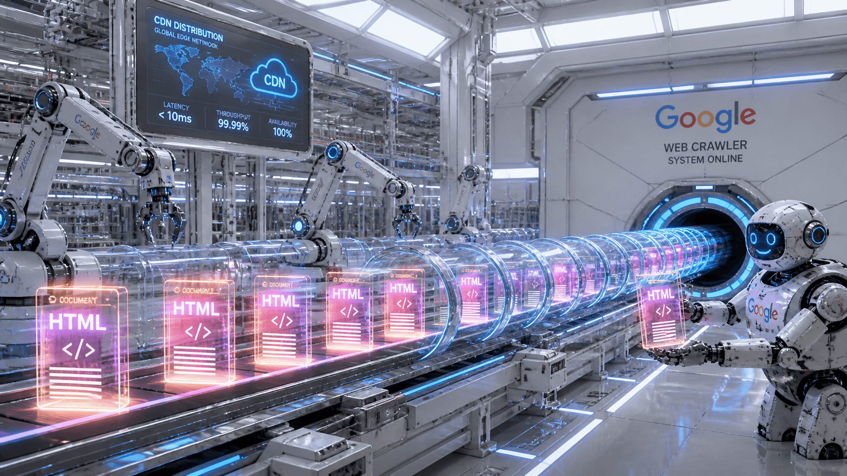Eine digitale Fabrik produziert fertige HTML-Seiten im Voraus, die vom Googlebot sofort ohne Wartezeit abgerufen werden.
