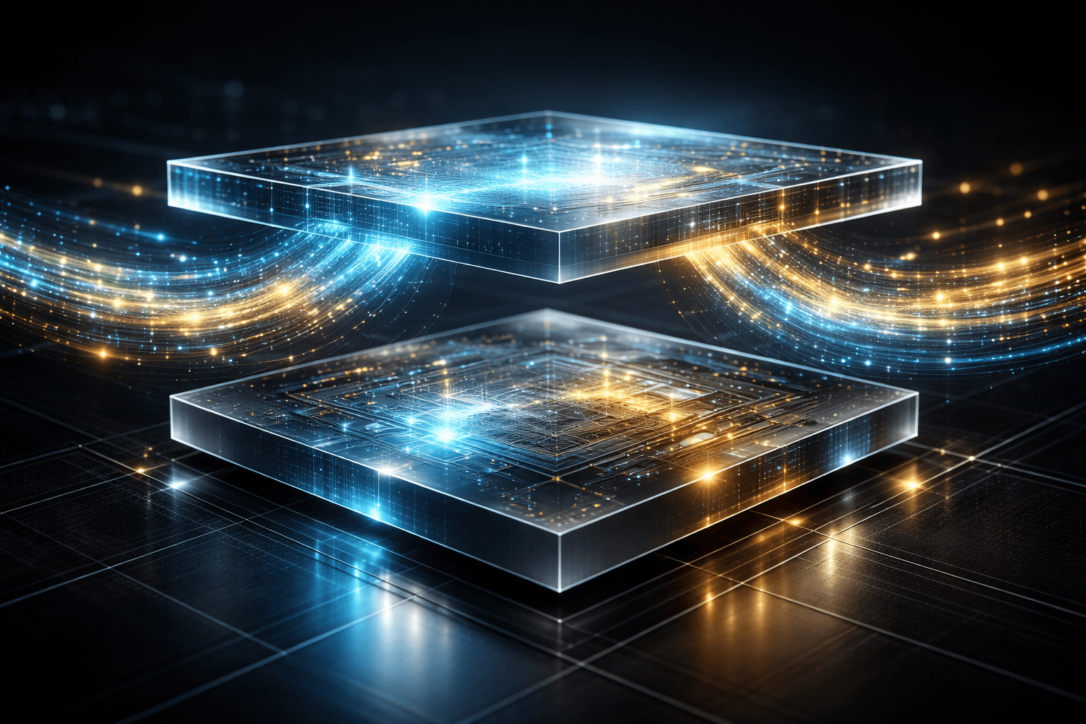 Eine fotorealistische Visualisierung von mehreren transparenten, übereinander schwebenden Architektur-Ebenen, die nahtlose Software-Updates darstellen.