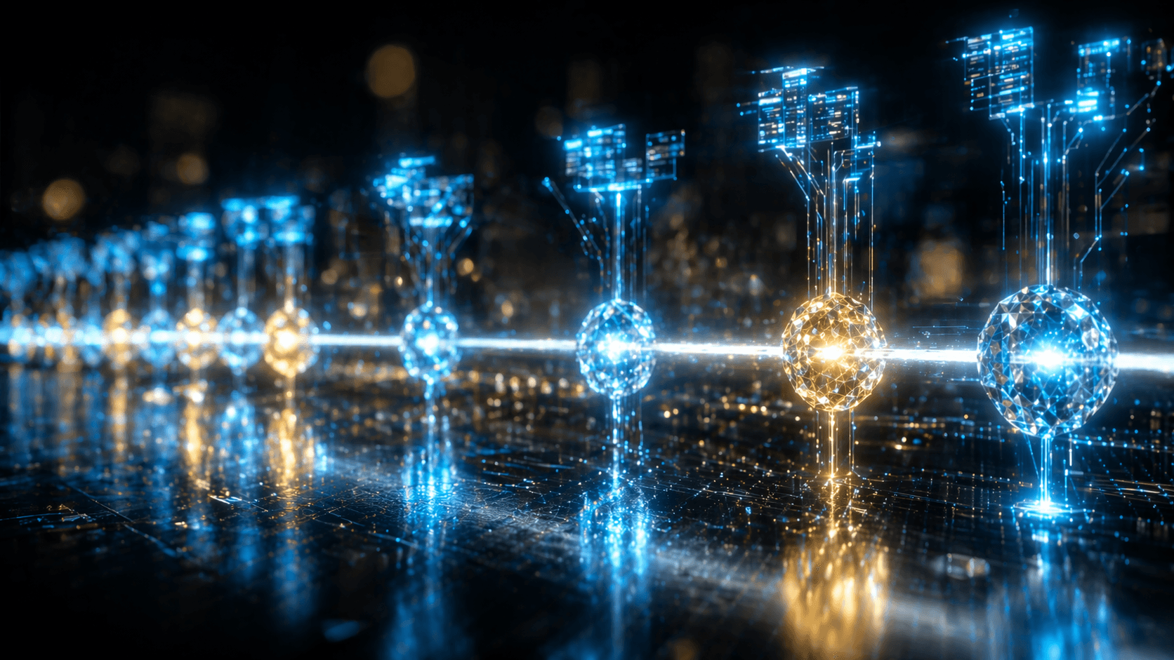 Eine leuchtende, digitale Zeitachse, die verschiedene Software-Versionen als aufleuchtende Knotenpunkte darstellt.