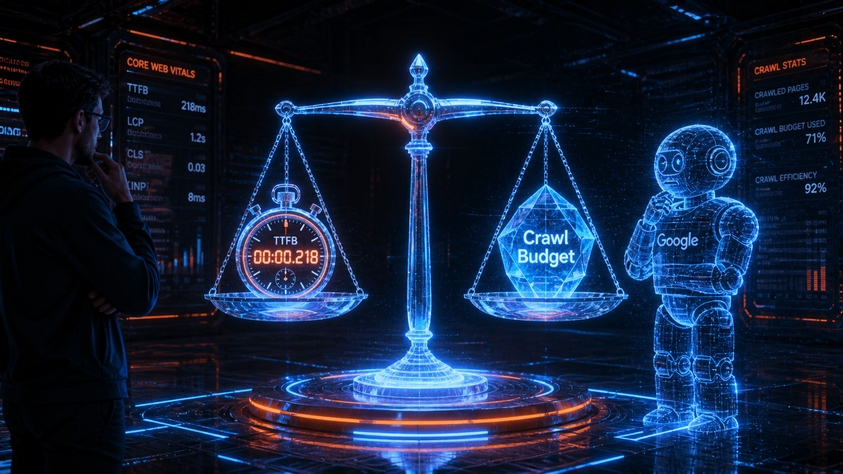 Eine Waage balanciert Time to First Byte (TTFB) und Crawl Budget in einer digitalen Umgebung aus.