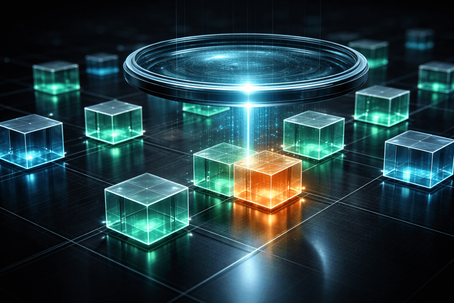 Eine holografische Lupe, die präzise über leuchtenden Code fährt, um sichere von gefährlichen Änderungen zu trennen.