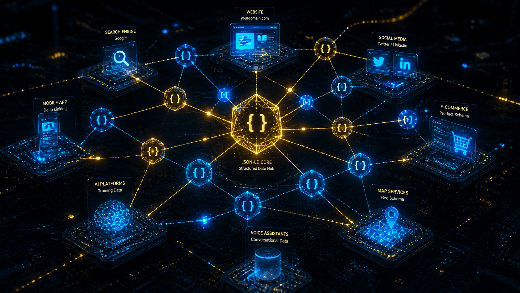 Ein Netzwerk aus leuchtenden, miteinander verbundenen Knotenpunkten, die strukturierte Daten wie ein digitales Spinnennetz organisieren.