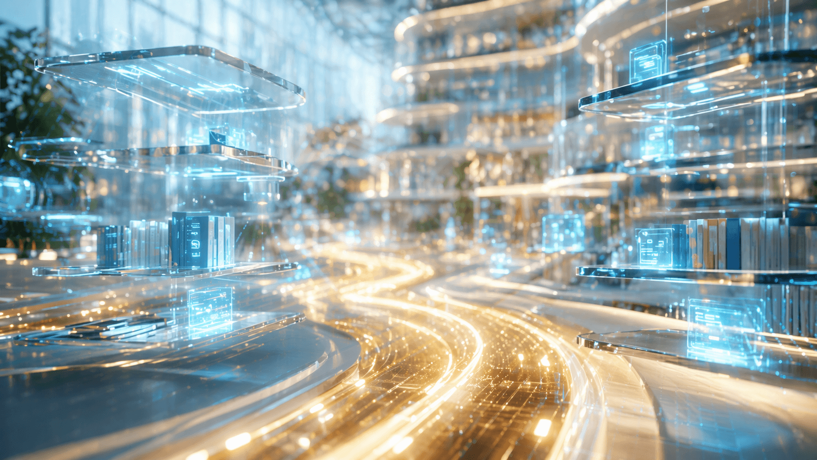 Eine helle, hochmoderne und einladende digitale Bibliothek, die ein perfektes Developer Portal symbolisiert.