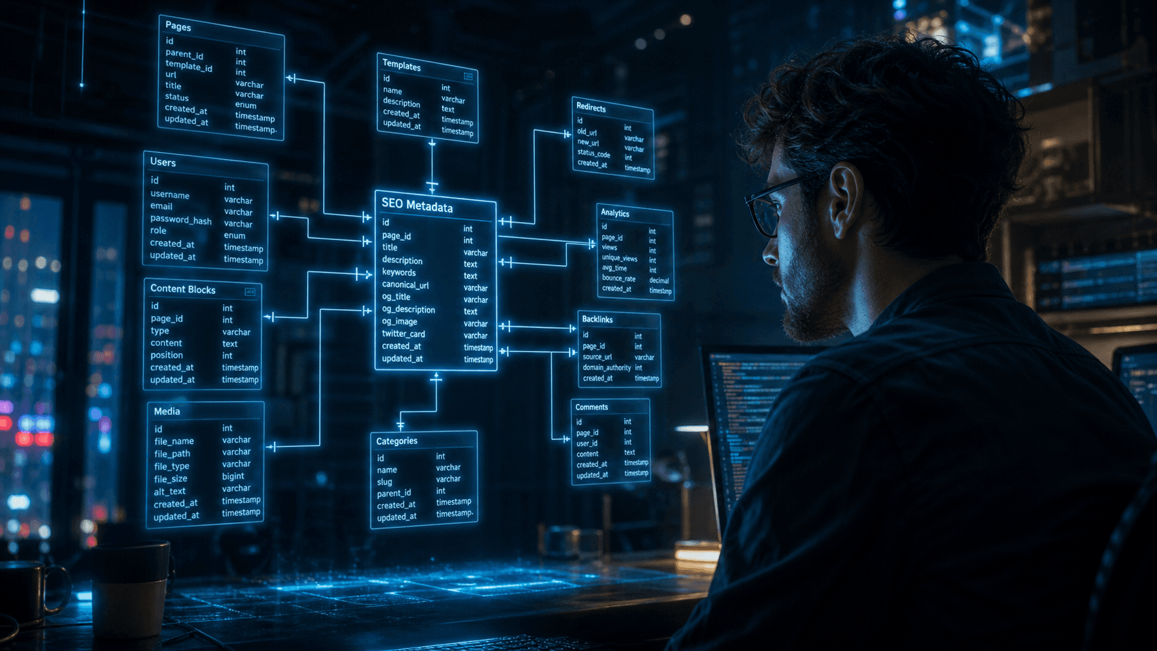 Ein Entwickler analysiert ein holografisches Datenbank-Schema für SEO-Metadaten.