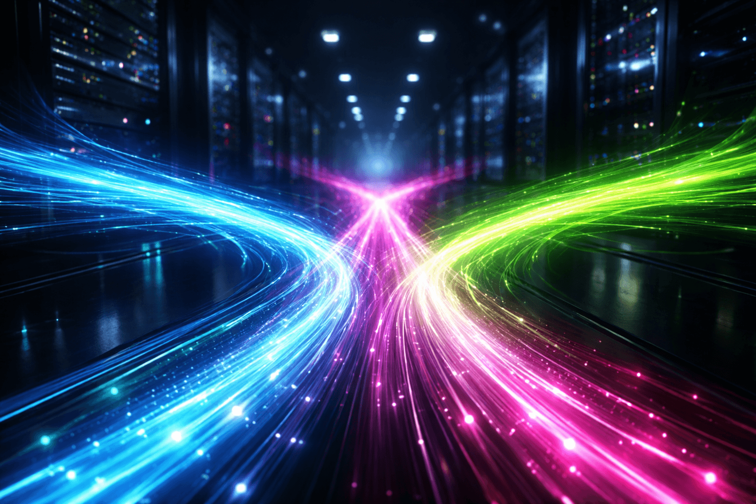 Drei leuchtende, futuristische Wegweiser in unterschiedlichen Farben, die symbolisch für die Architekturentscheidung zwischen REST, GraphQL und tRPC stehen.