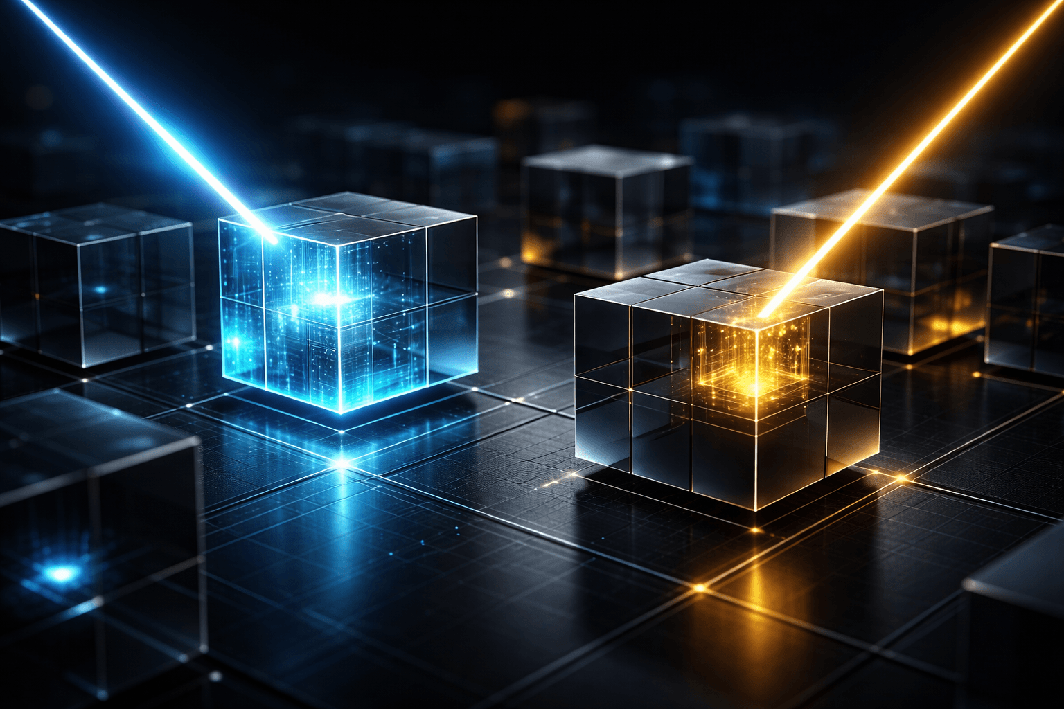 Zwei hochpräzise Laserstrahlen bearbeiten schwebende Datenblöcke, als Symbol für die HTTP-Methoden PUT und PATCH.