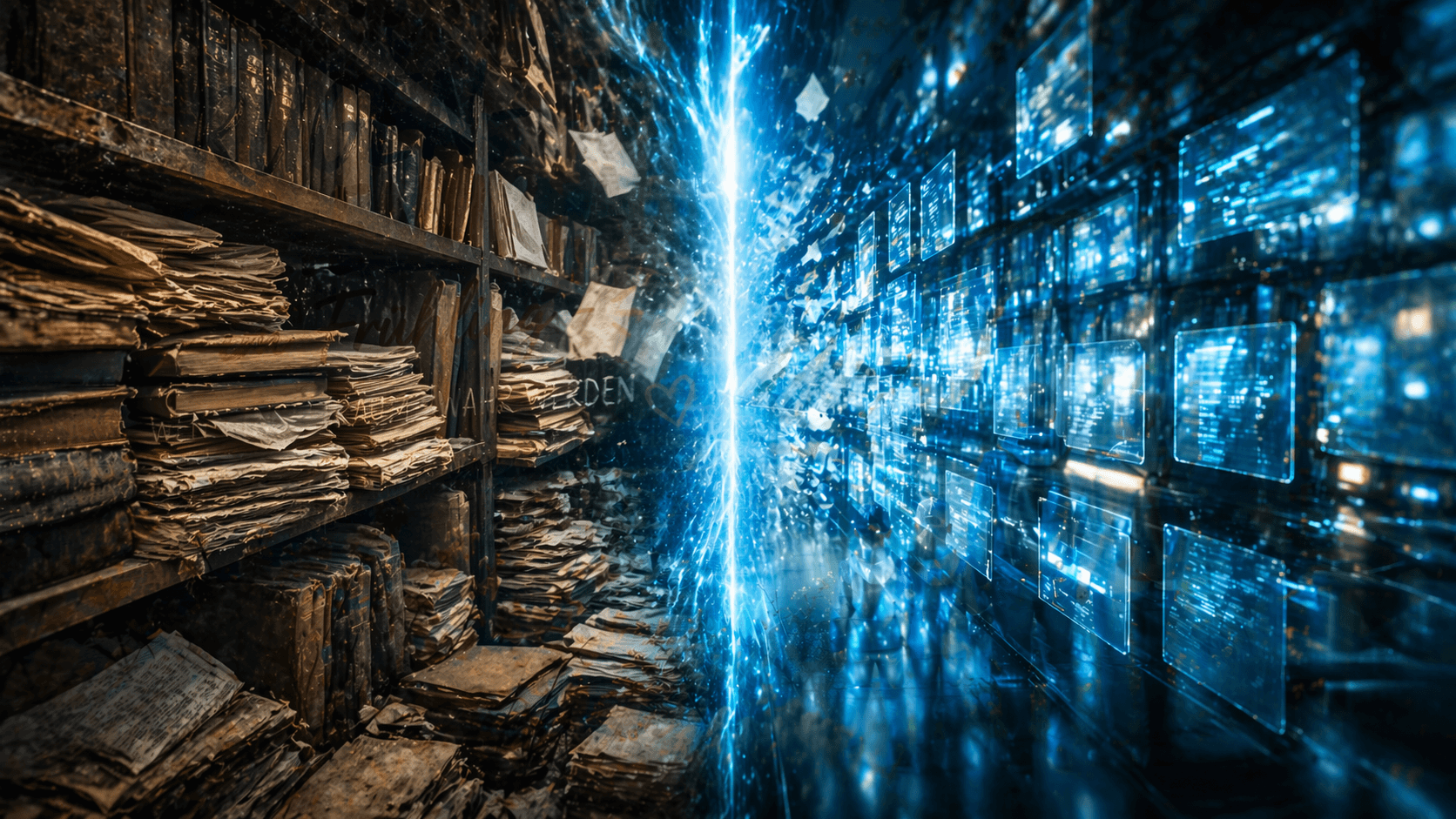 Ein staubiges, chaotisches Bücherregal verwandelt sich auf der rechten Seite nahtlos in ein leuchtendes, perfekt organisiertes digitales Datenarchiv.