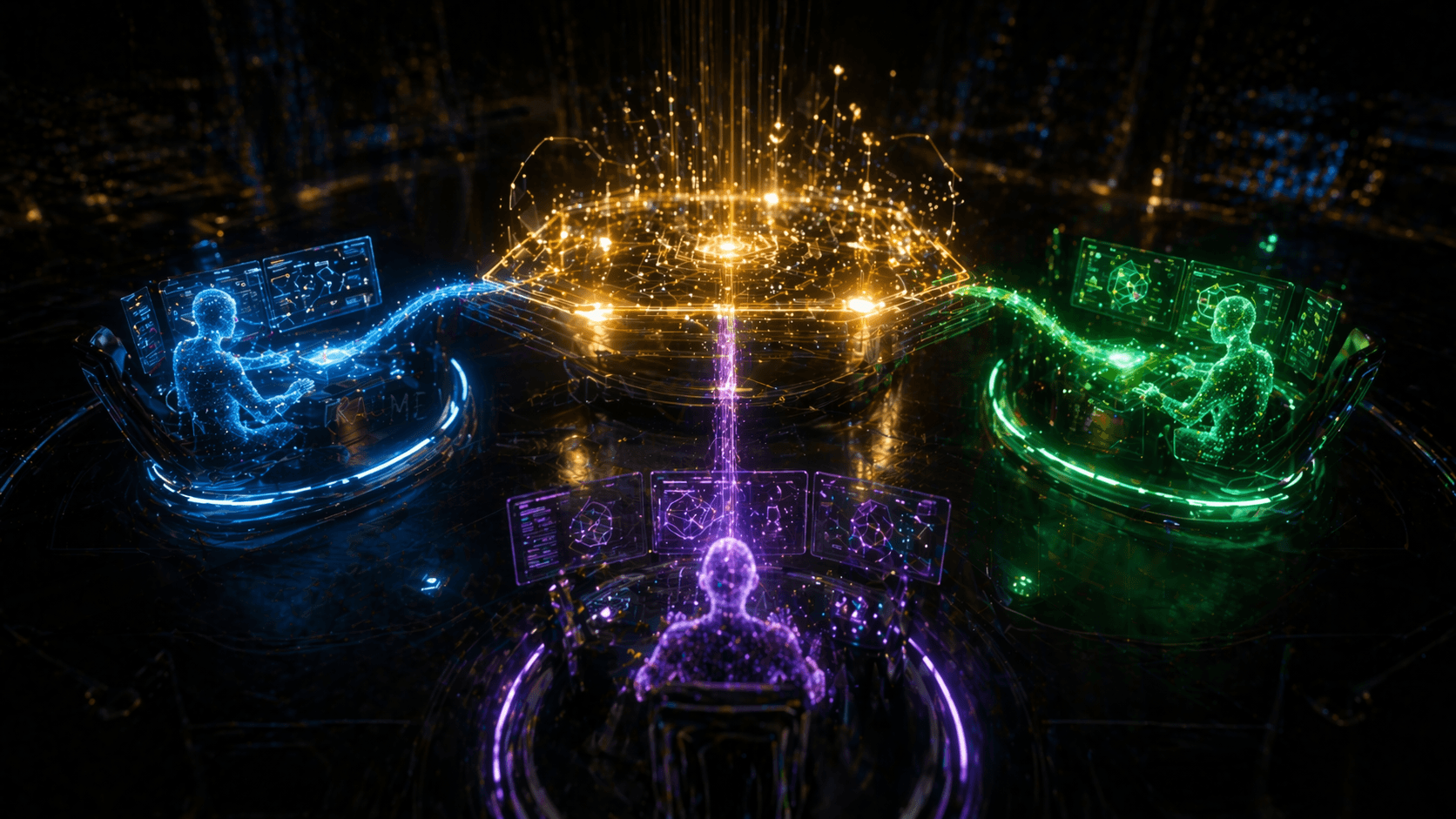 Drei Entwickler-Teams arbeiten gleichzeitig an verschiedenen leuchtenden Hologrammen, die alle aus einer zentralen, goldenen Blaupause entspringen.