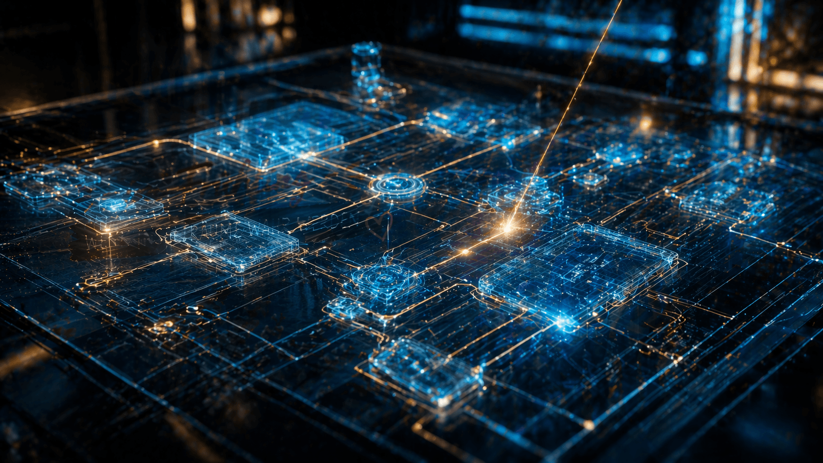 Eine leuchtende, holografische Blaupause (Blueprint) einer Software-Architektur, die von einem Laser präzise gezeichnet wird.