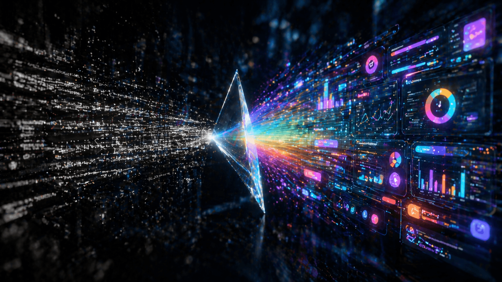 Eine unscheinbare Textdatei verwandelt sich auf magische Weise in ein leuchtendes, interaktives 3D-Hologramm einer modernen Benutzeroberfläche.