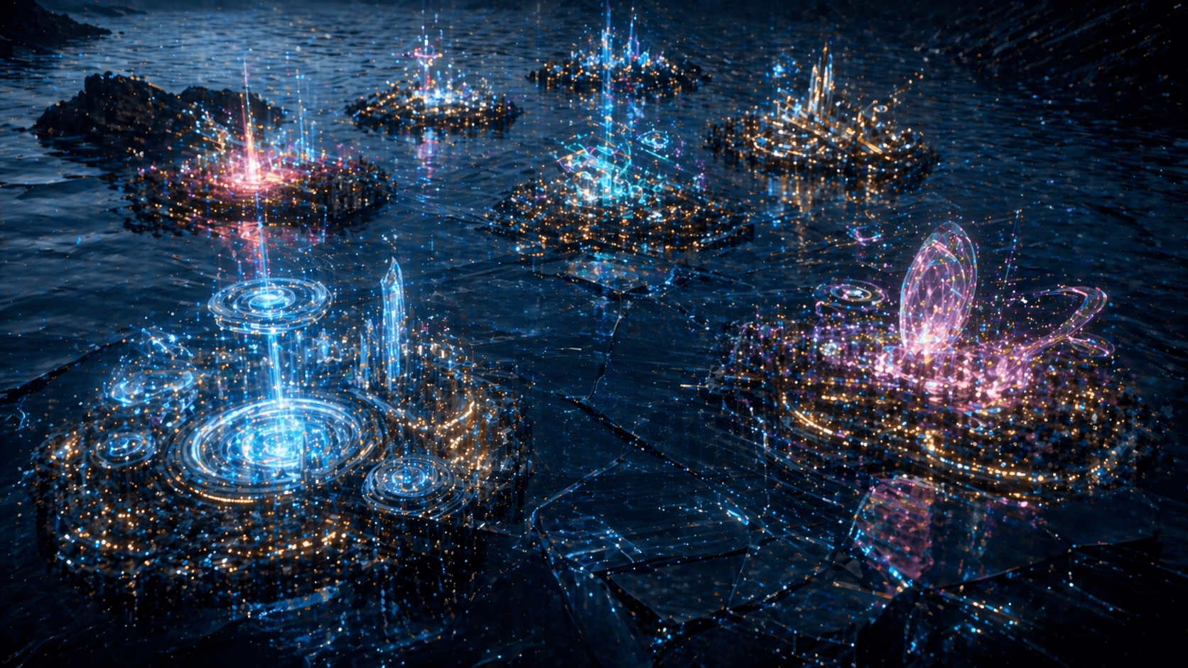 Ein ruhiger, dunkler digitaler Ozean, in dem isolierte, hell leuchtende und hochaktive Inseln voller Datenströme schwimmen.