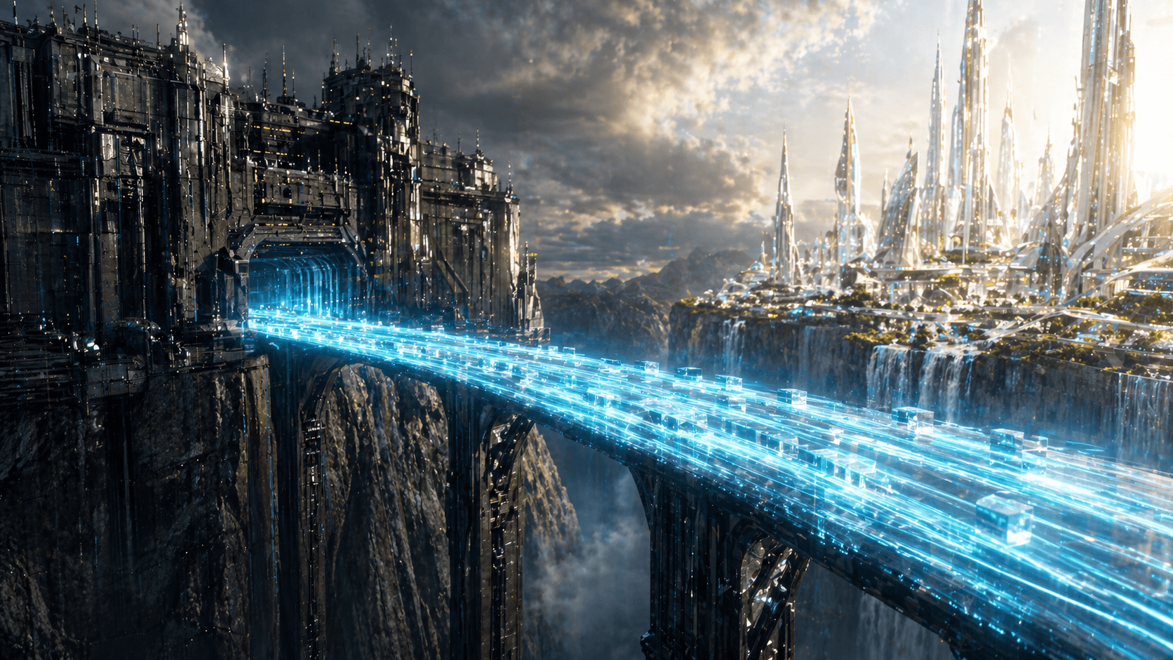 Eine leuchtende, massive Brücke aus reinem Licht verbindet eine dunkle Server-Festung nahtlos mit einer modernen, hellen Stadt aus Glas.