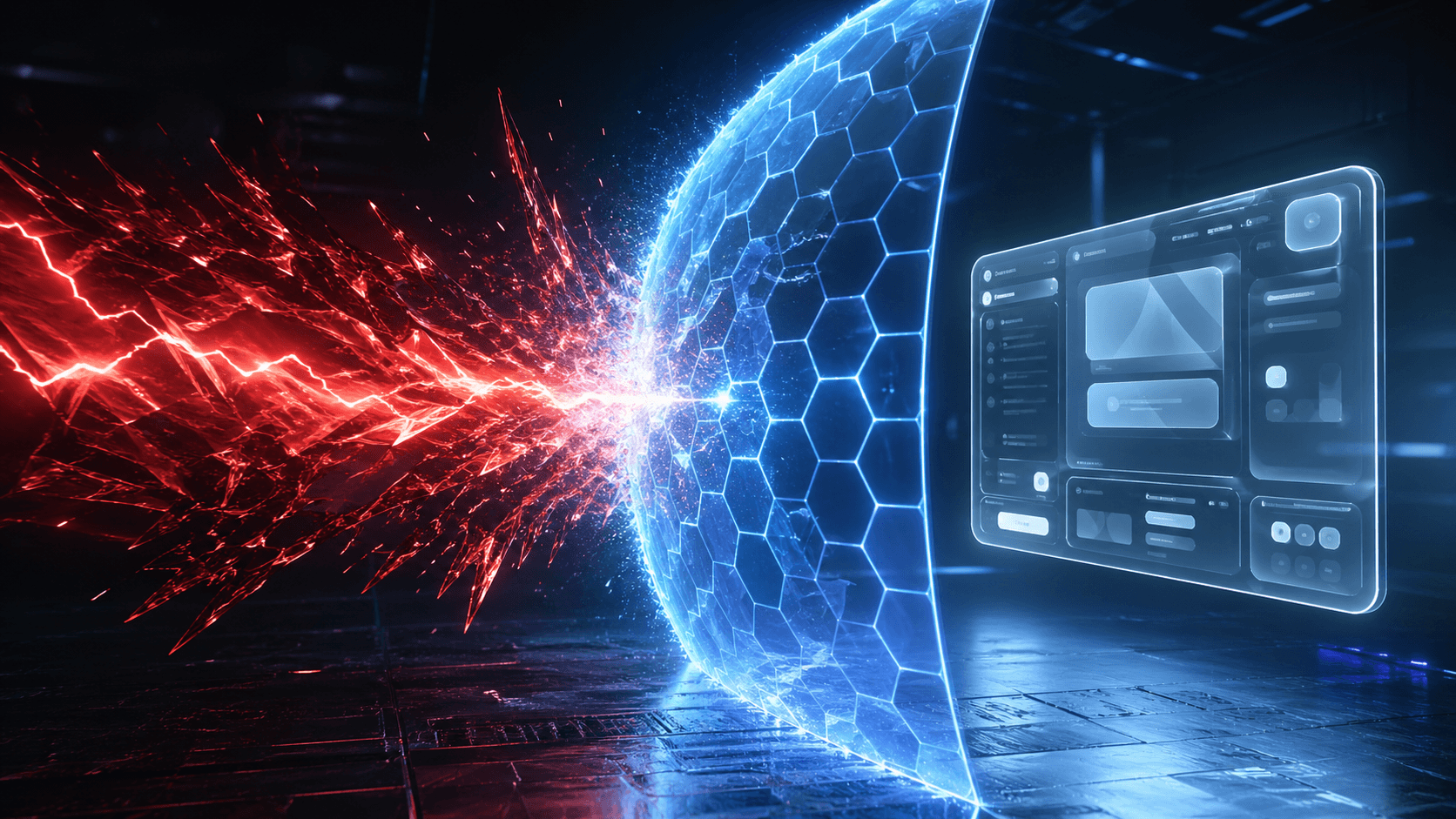 Ein leuchtendes, unzerstörbares Energieschild fängt einen roten, fehlerhaften Datenblitz ab und schützt eine dahinterliegende, intakte Benutzeroberfläche.