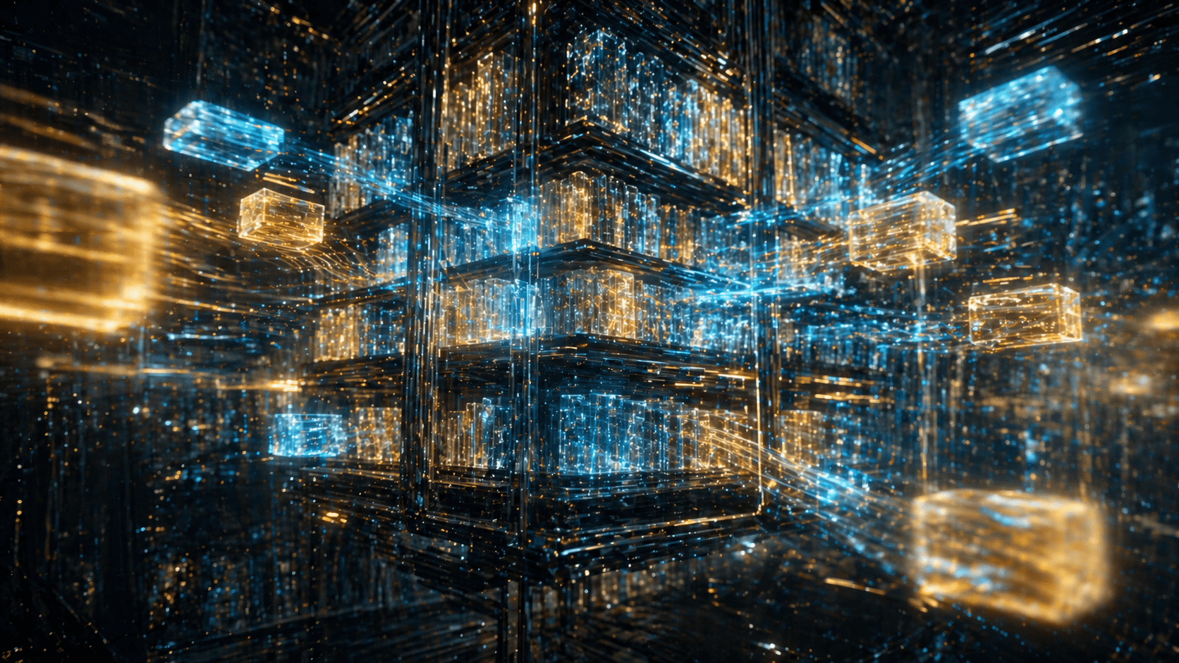 Ein futuristisches, leuchtendes Archivsystem, in dem schwebende Datenblöcke intelligent sortiert und blitzschnell abgerufen werden.