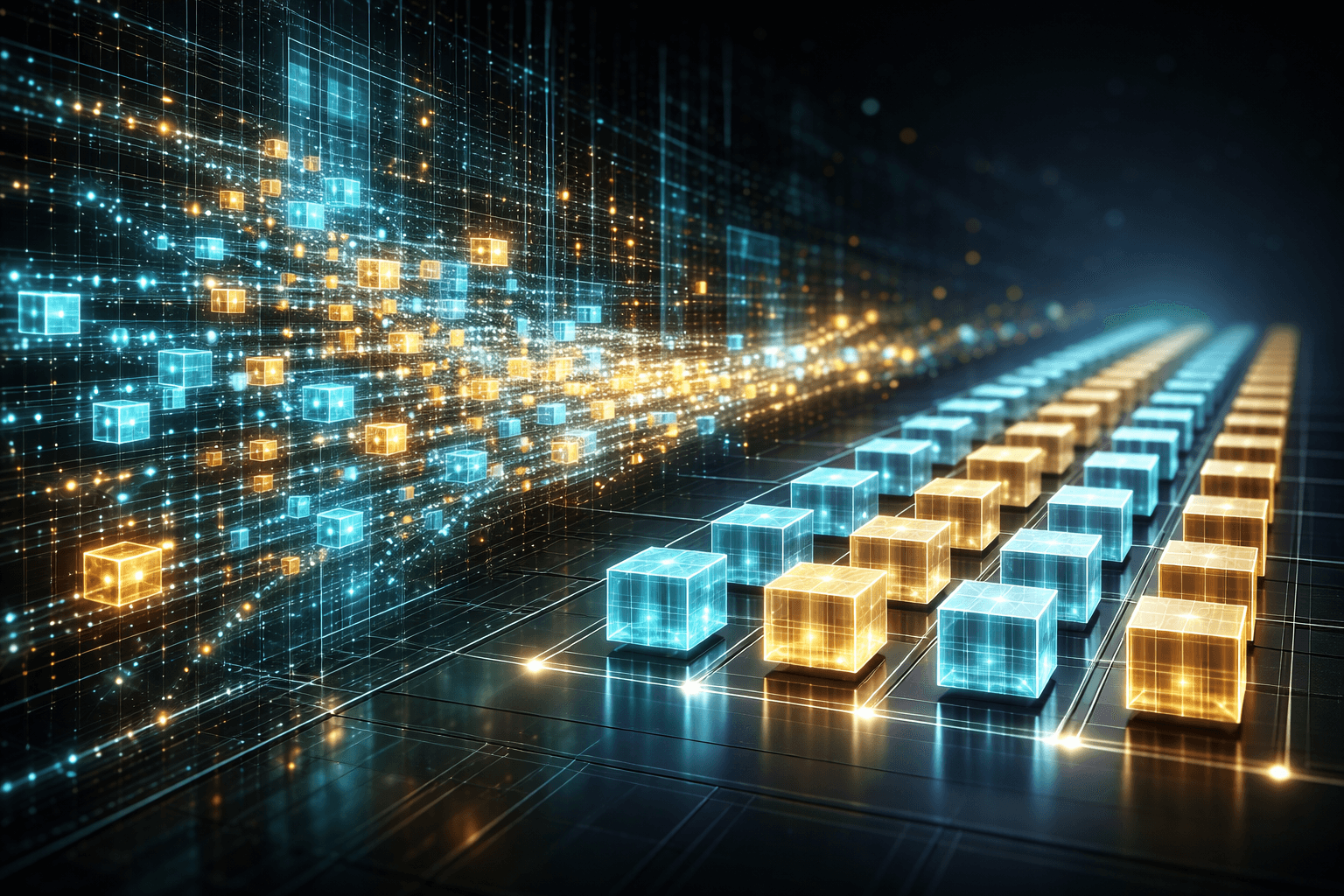 Ein leuchtender Datenstrom, der durch eine digitale Matrix präzise sortiert und gefiltert wird.