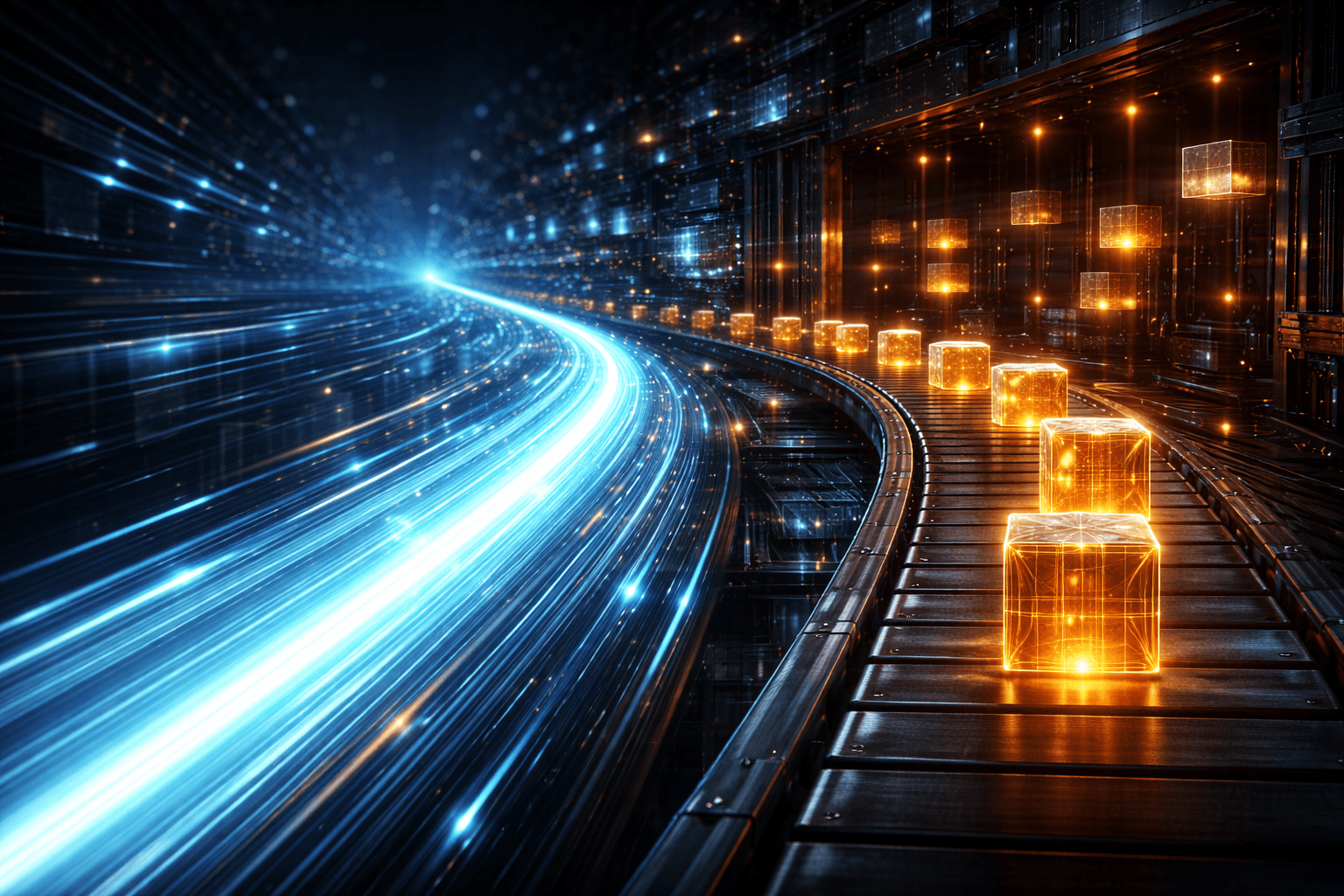 Ein geordnetes Förderband, das schwere Datenpakete in den Hintergrund transportiert, während die Hauptstrecke völlig frei bleibt.