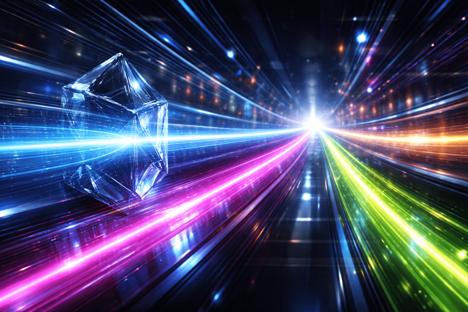 Fotorealistische Darstellung von drei leuchtenden Datenströmen, die in einem High-Tech-Geschwindigkeits-Benchmark gegeneinander antreten.