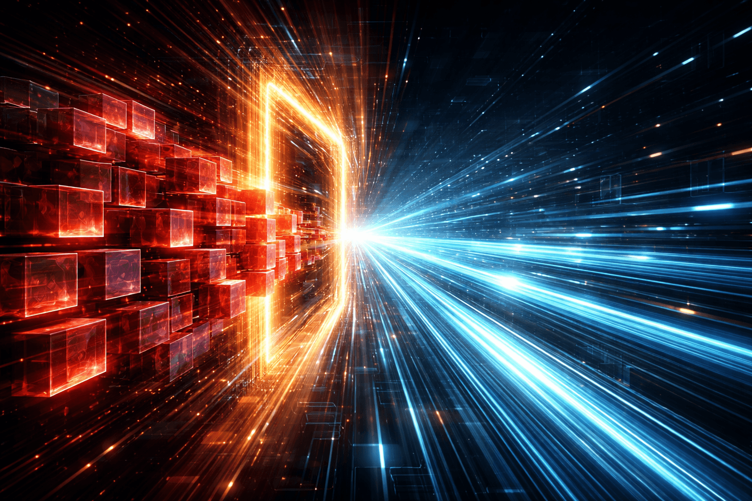 Eine digitale Datenautobahn, auf der sich ein Stau aus roten Blöcken in einen rasend schnellen, fließenden blauen Lichtstrom auflöst.