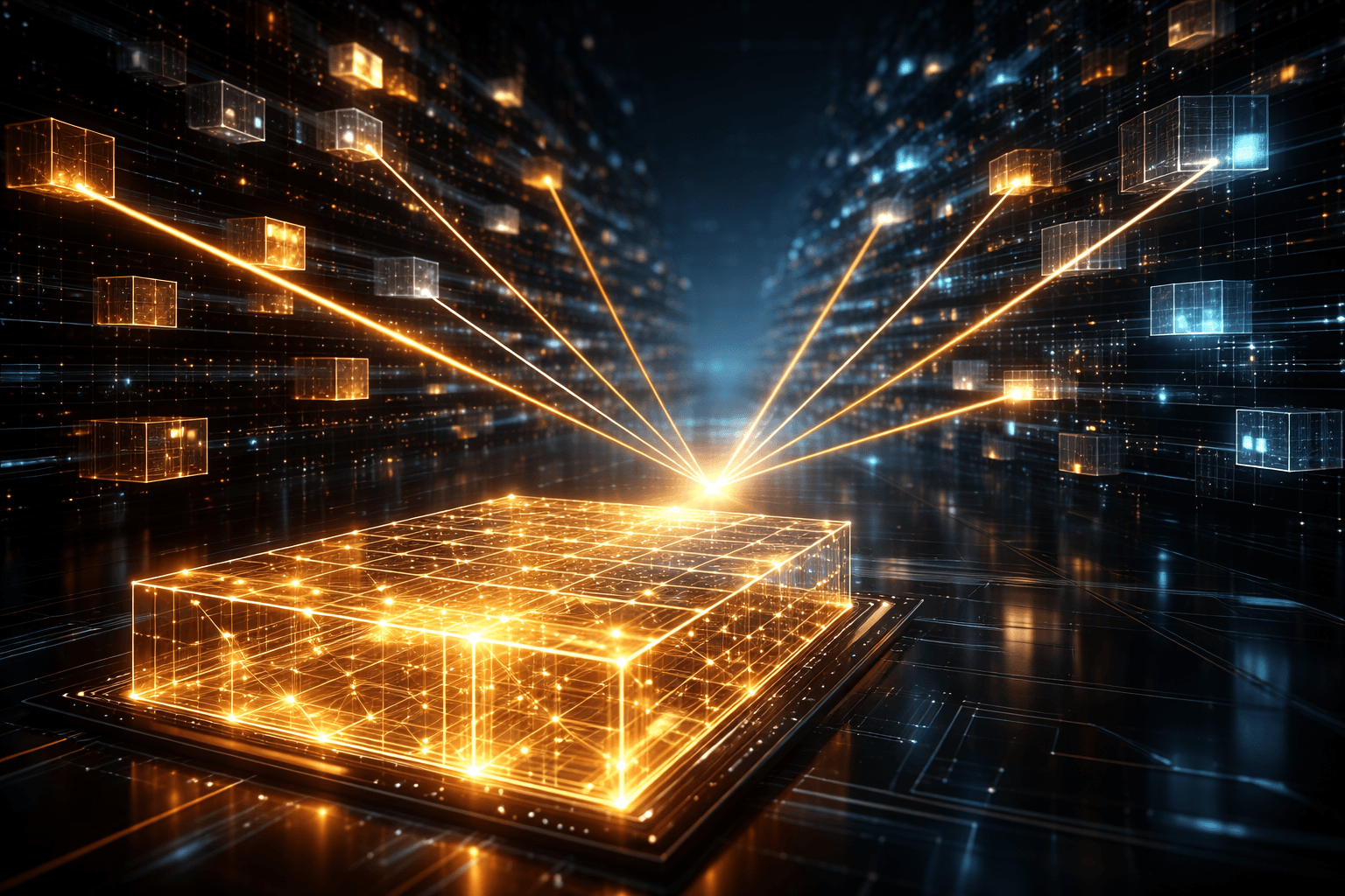 Ein leuchtendes, digitales Inhaltsverzeichnis, das Daten in einer massiven Bibliothek blitzschnell findet.