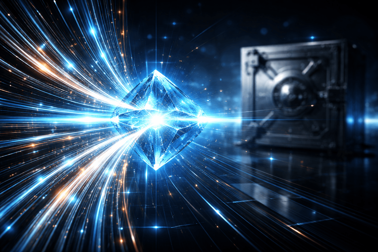 Ein leuchtender, schwebender Kristallknotenpunkt, der Datenströme blitzschnell verarbeitet, während im Hintergrund ein massiver Tresor ruht.