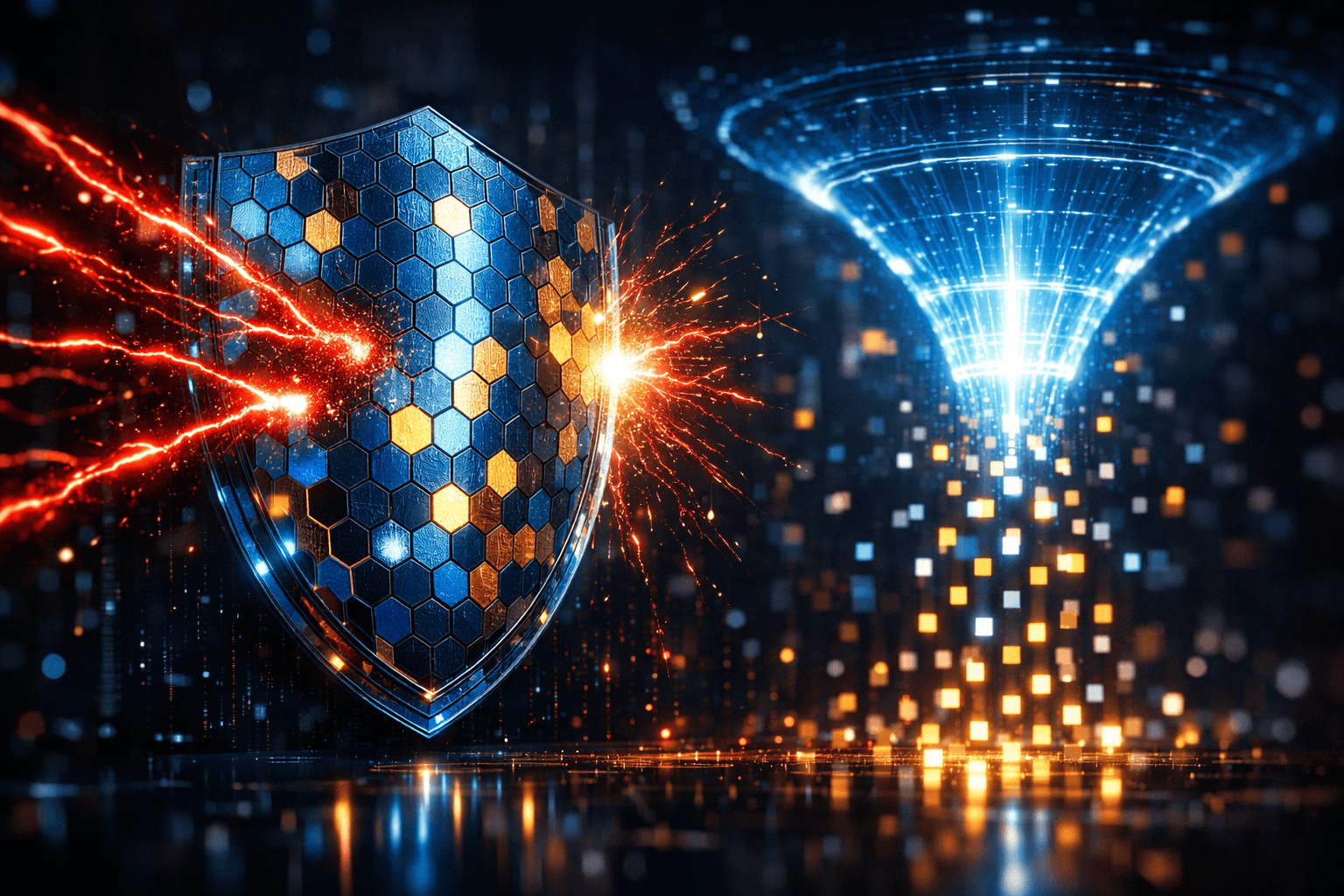 Ein massiver digitaler Schutzschild wehrt rote Datenströme ab, während ein Trichter den guten Traffic reguliert.