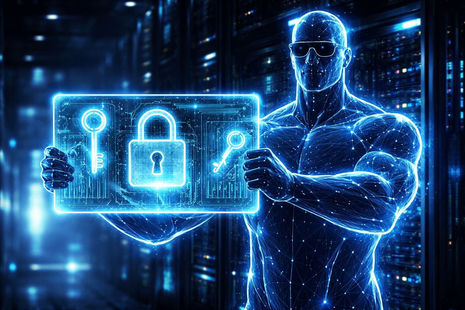 Ein hochmoderner, holografischer Türsteher vor einem leuchtenden Rechenzentrum, der digitale Identitäten scannt.