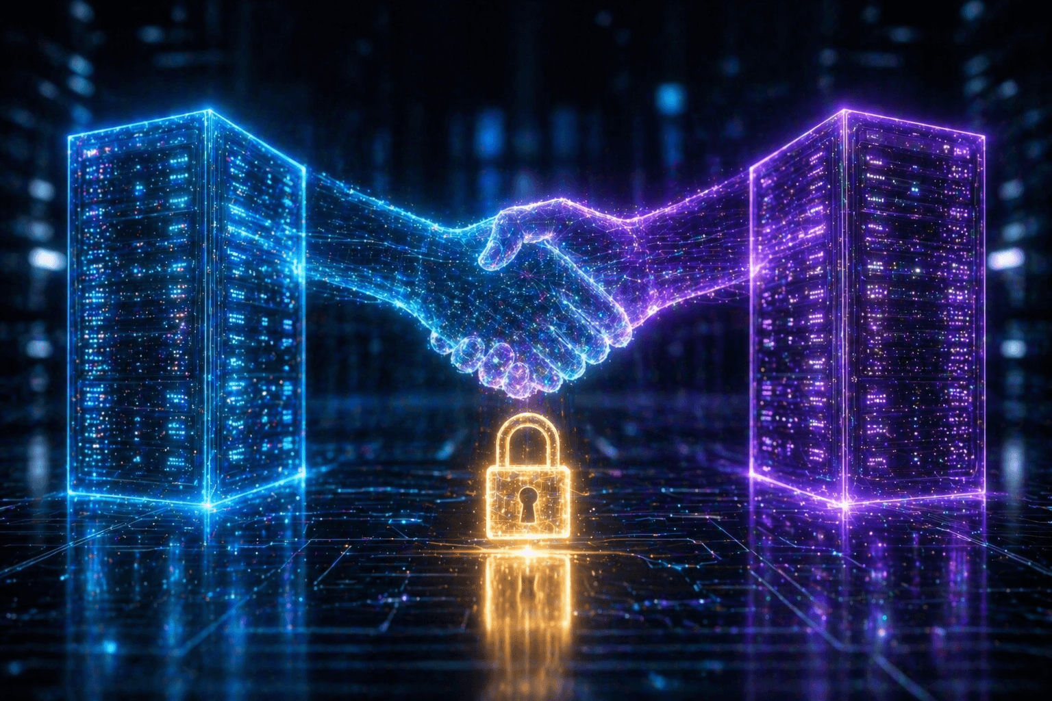Ein leuchtender, digitaler Handschlag zwischen zwei futuristischen Server-Knotenpunkten, der einen unveränderlichen Datenvertrag symbolisiert.