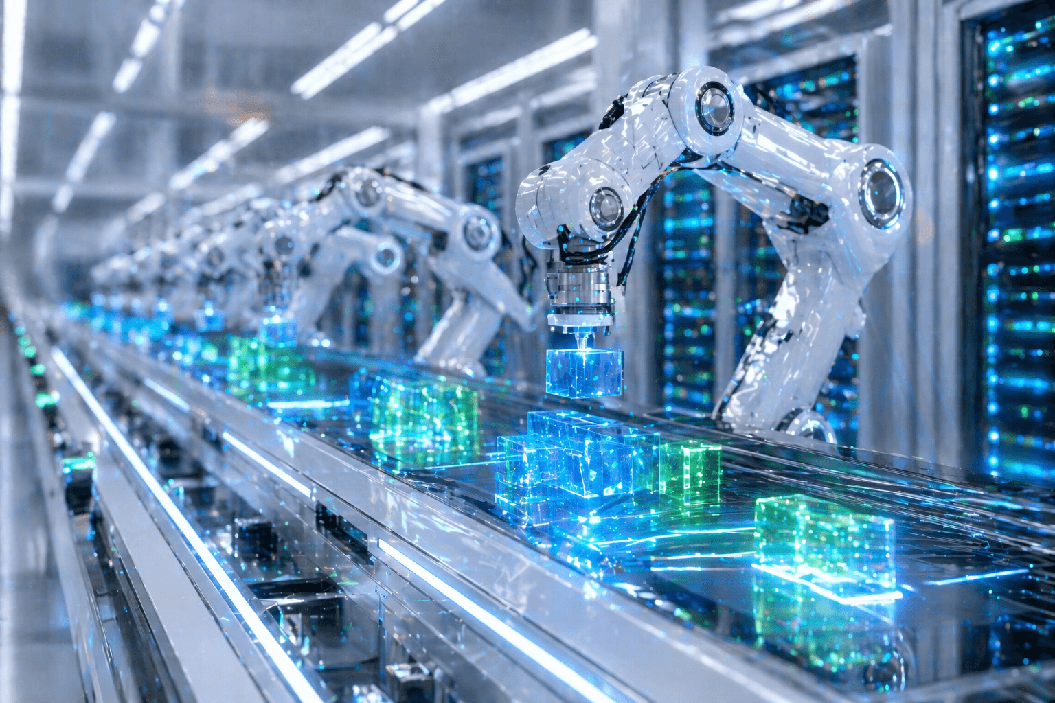 Eine futuristische, blitzsaubere digitale Fabrik, in der Roboterarme perfekte kleine Datenblöcke am Fließband produzieren.