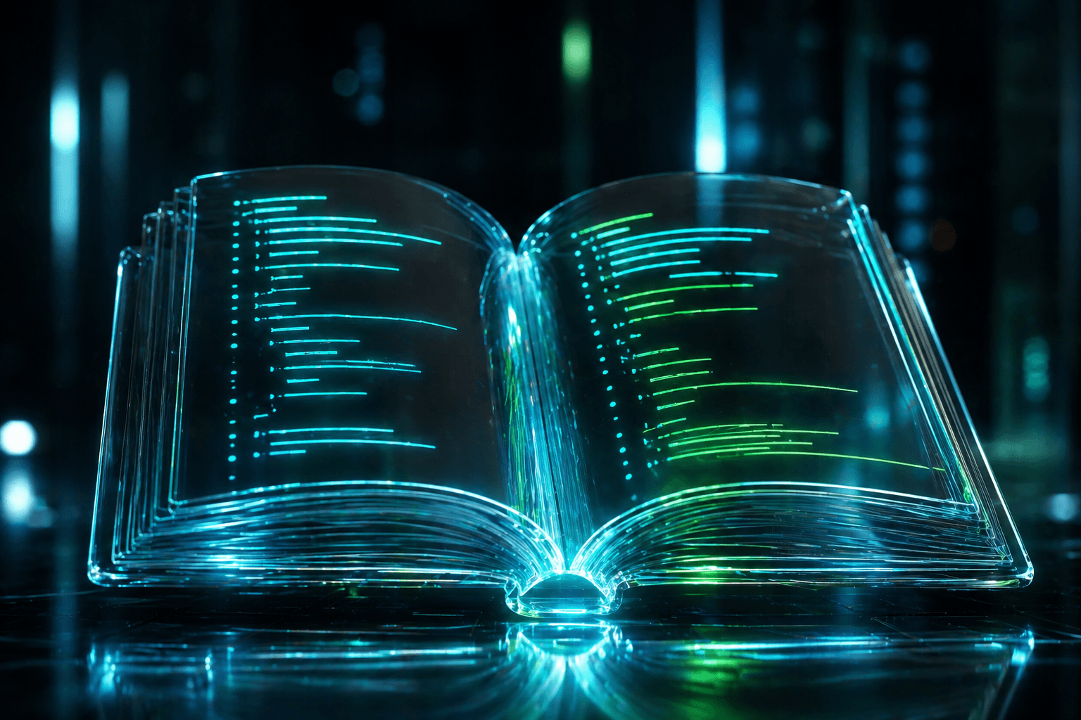 Ein leuchtendes, aufgeschlagenes Buch, dessen Seiten aus extrem sauberen, gut lesbaren Code-Zeilen bestehen.