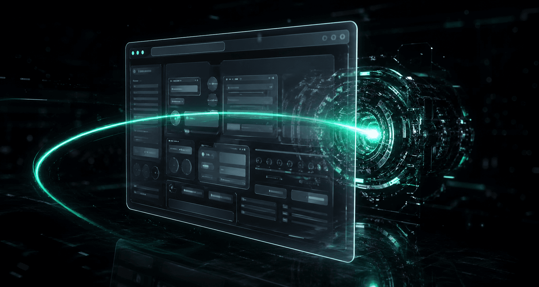 Ein leuchtender Datenstrom umgeht eine komplexe Benutzeroberfläche und dockt direkt an den Kern des Systems an.