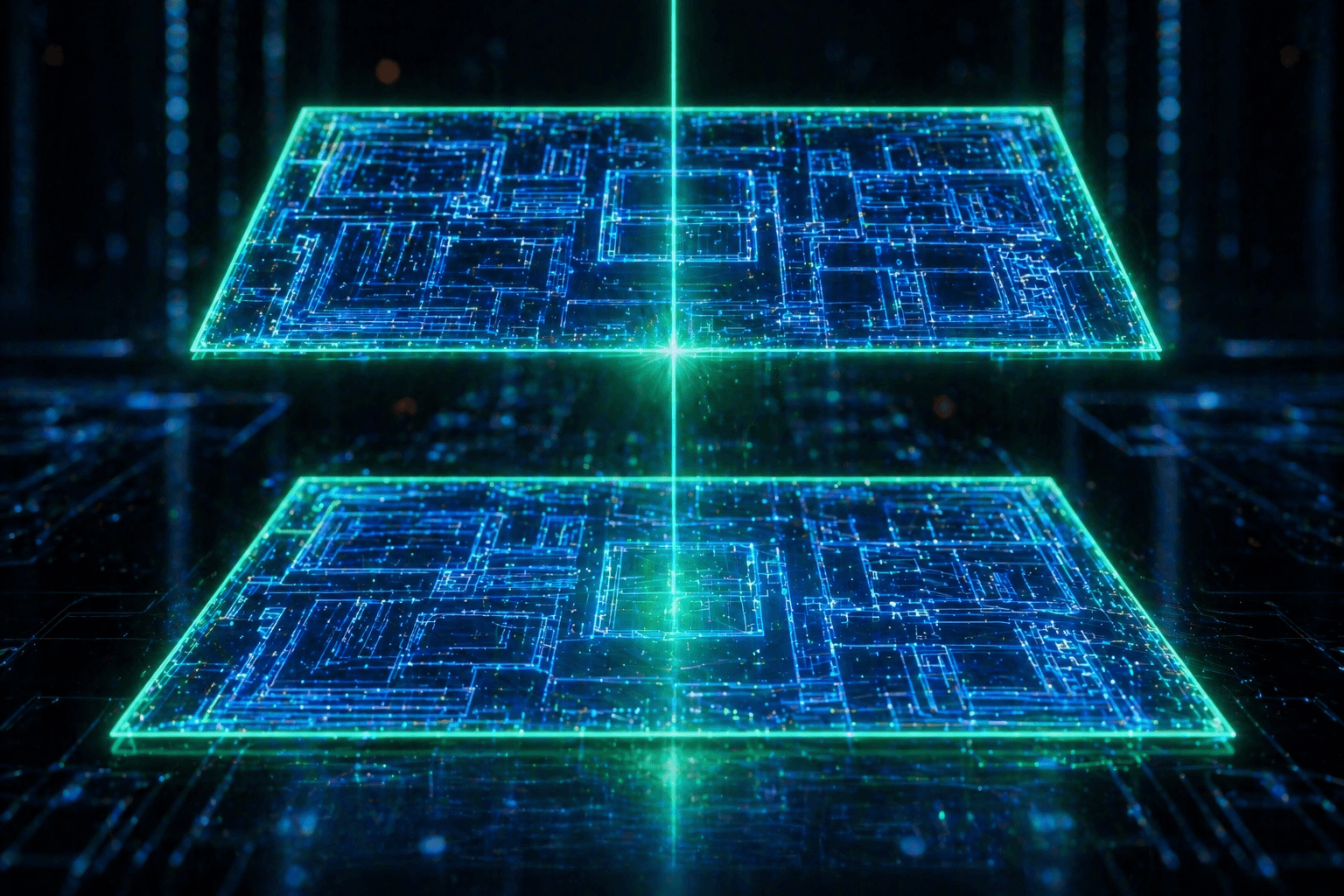 Zwei exakt identische, leuchtende digitale Blaupausen werden von einem Scanner millimetergenau übereinandergelegt und auf Abweichungen geprüft.