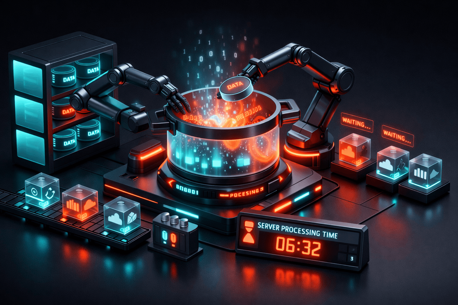 Digitale High-Tech-Küche, in der Roboterarme Daten-Zutaten aus einer Datenbank verarbeiten und kochen.