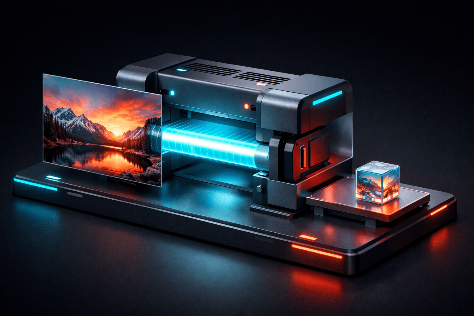 Futuristische Presse, die ein großes Landschaftsbild in einen kleinen, glühenden Datenwürfel verwandelt (Symbol für Komprimierung).