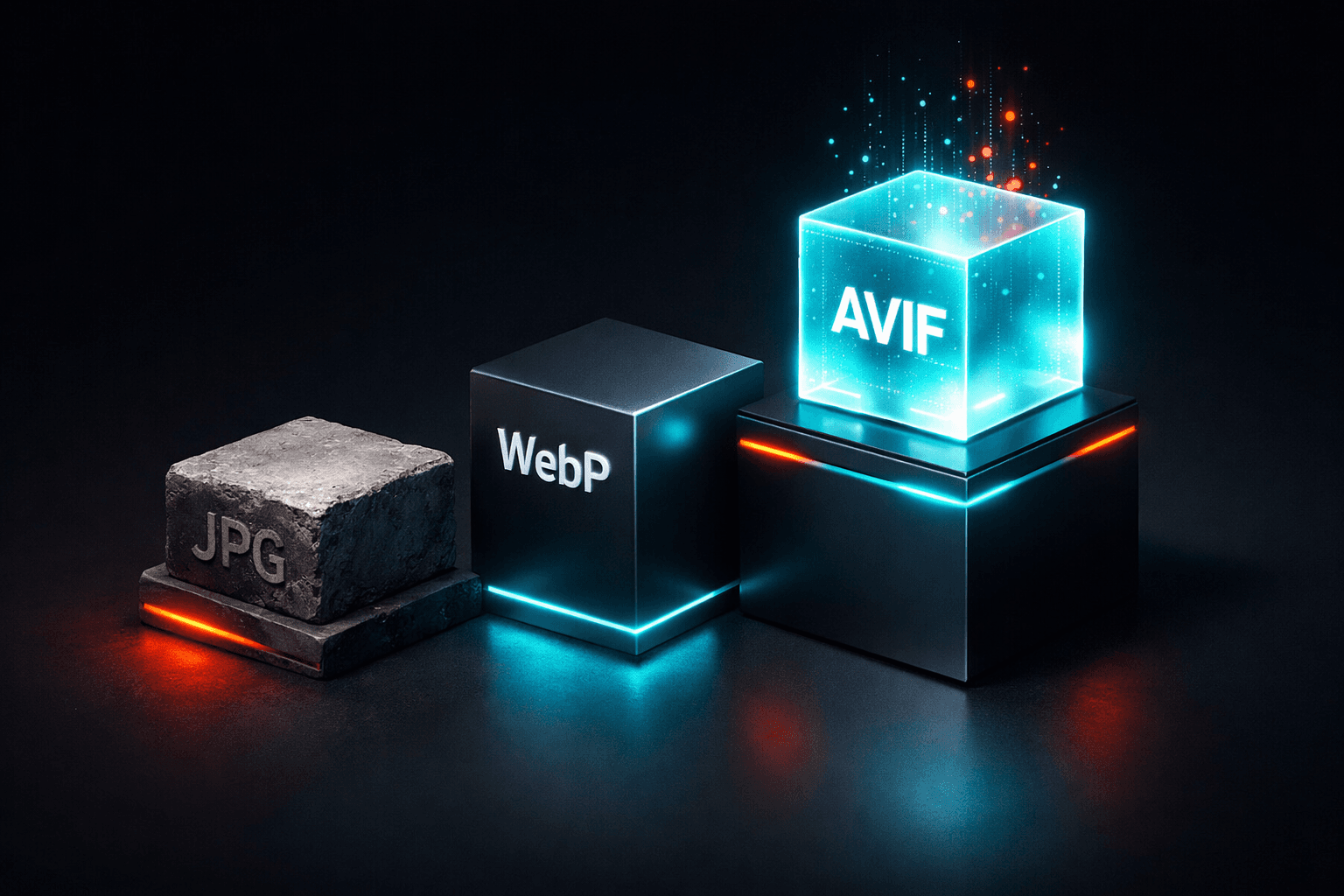 Drei Podeste im Vergleich: Ein alter Steinblock für JPG, modernes Metall für WebP und ein leuchtendes Hologramm für AVIF.