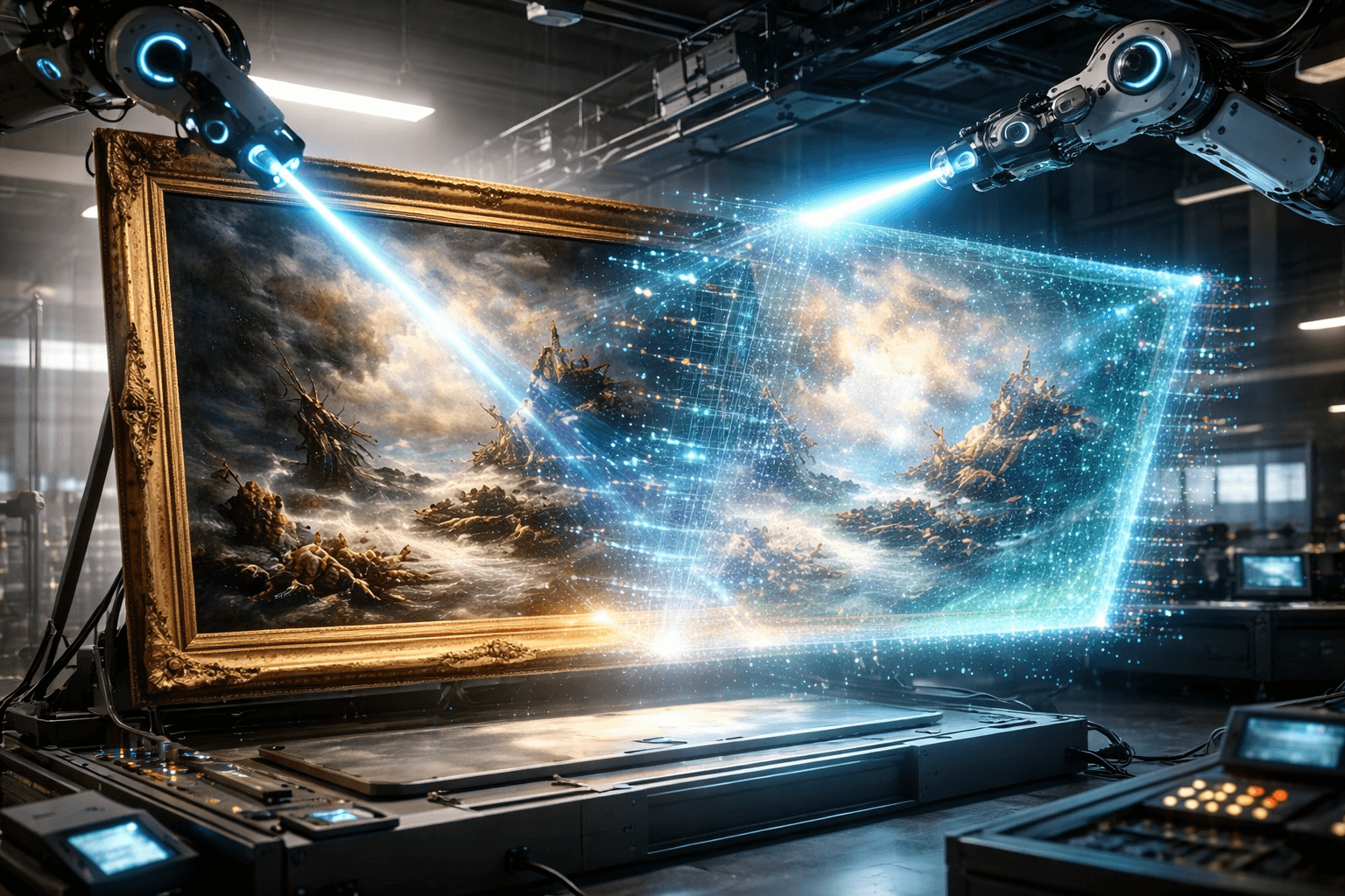 Schweres Gemälde wird in eine leichte Hologramm-Grafik umgewandelt