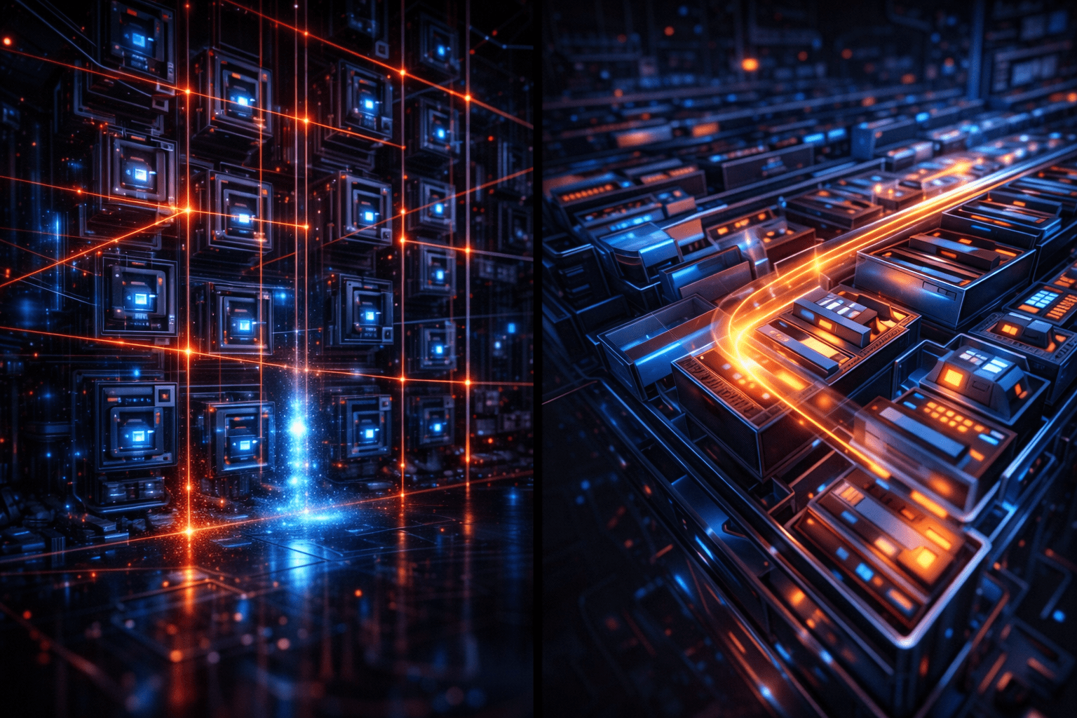 Ein leuchtendes Tresor-System: Links ein hochkomplexes, lasergesteuertes Netz aus Safes, rechts ein klassisches, offenes Archiv-Regal, das sich selbst aktualisiert.