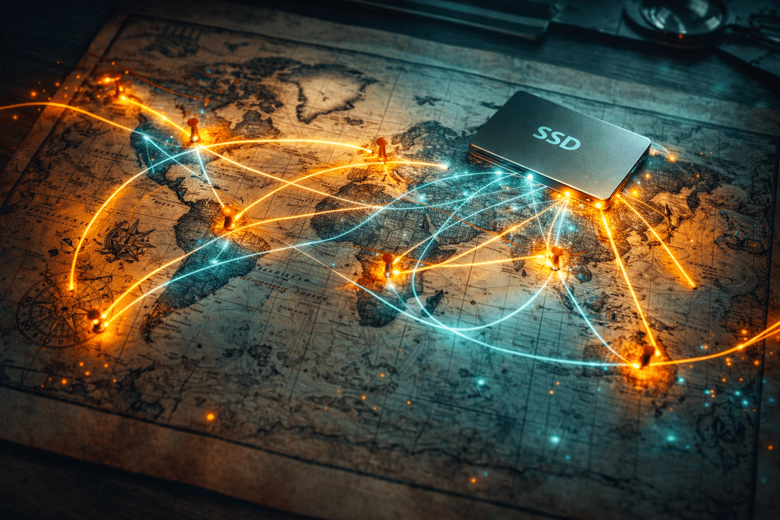 Eine Weltkarte auf dem Tisch, auf der Lichtpunkte sofort aufleuchten, verbunden durch leuchtende Fäden.