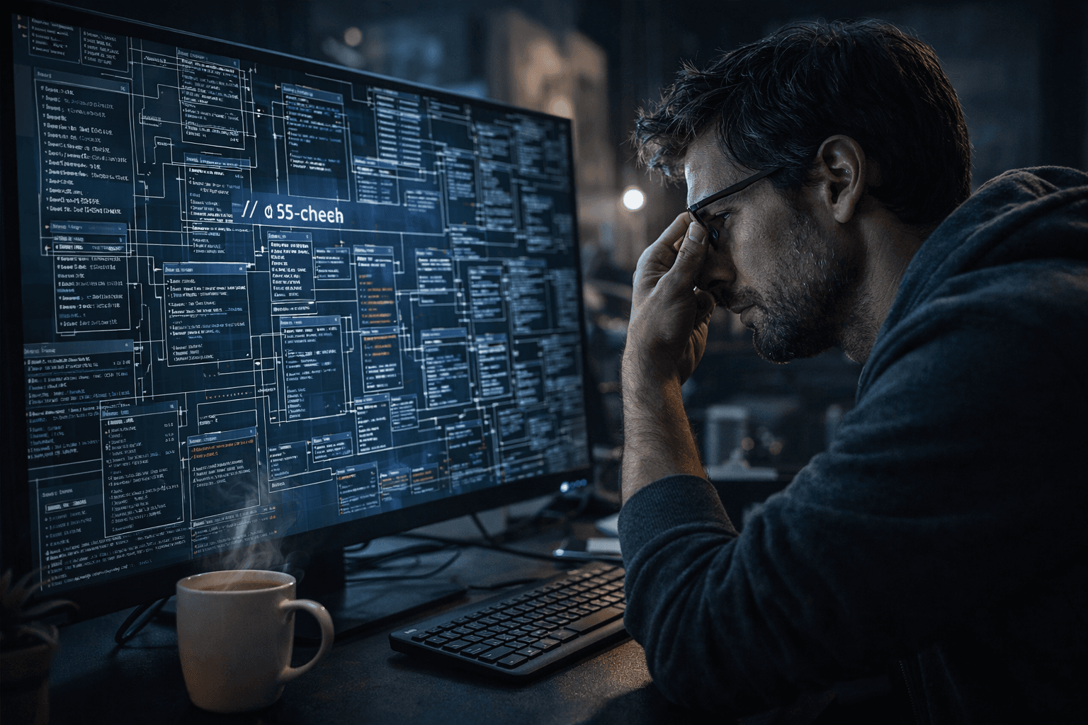 Entwickler analysiert chaotische alte Datenbestände am Monitor
