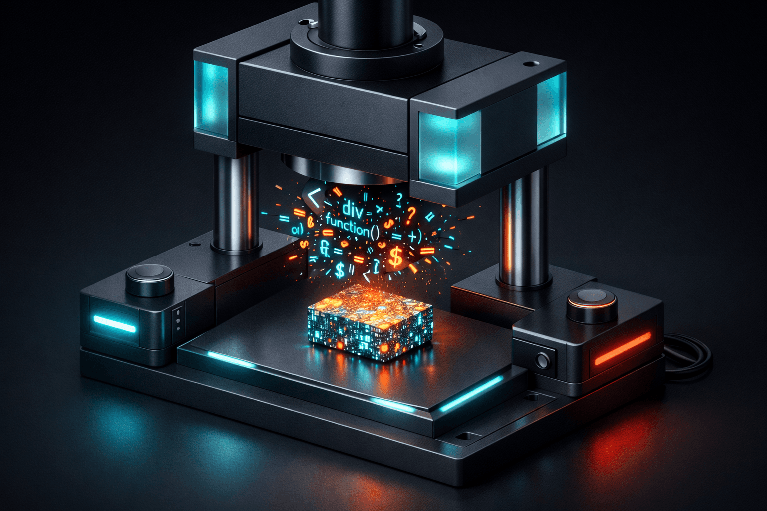 Eine hydraulische Presse drückt losen Code zu einem kompakten, leuchtenden Datenblock zusammen.