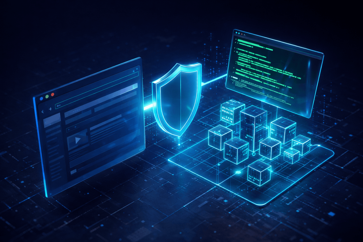 Abstrakte Darstellung eines Terminals und Hintergrundprozessen abseits des Webbrowsers