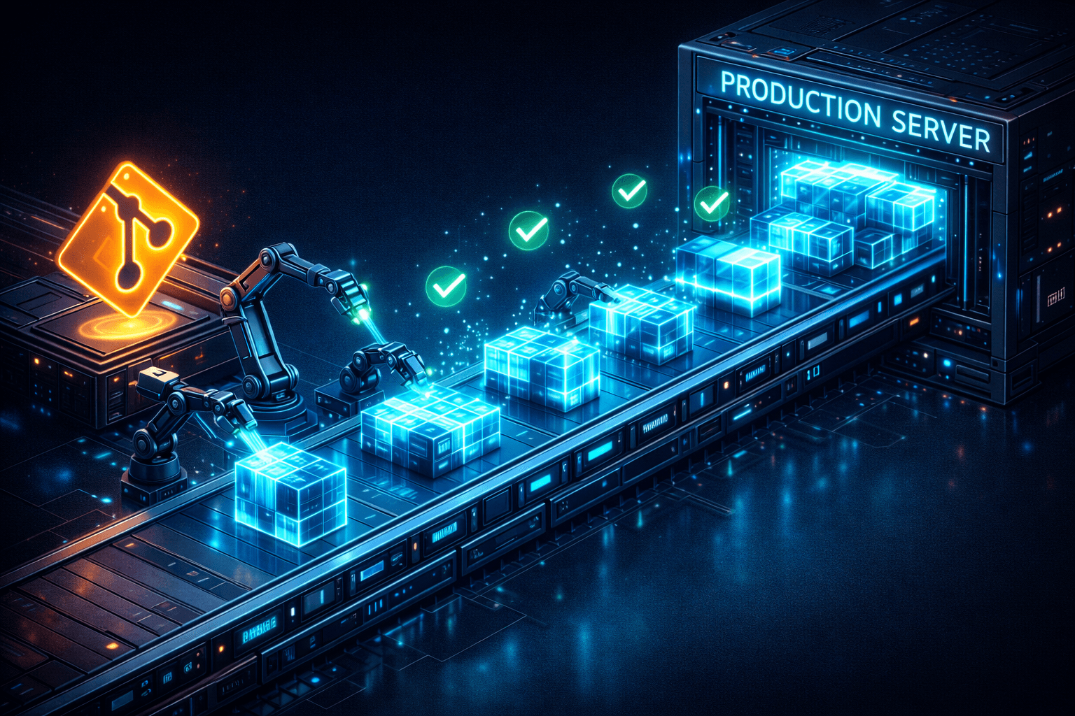 Ein leuchtendes, digitales Förderband, das Code-Pakete vollautomatisch von einem Git-Repository direkt auf einen Live-Server transportiert, überwacht von leuchtenden Checkmarks.