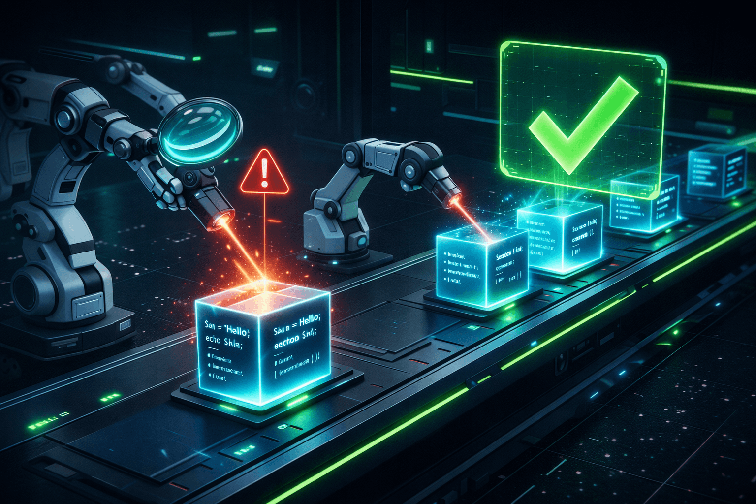 Eine automatisierte, futuristische Fließband-Pipeline, in der PHP-Codeblöcke von Roboterarmen auf Fehler geprüft, formatiert und poliert werden.