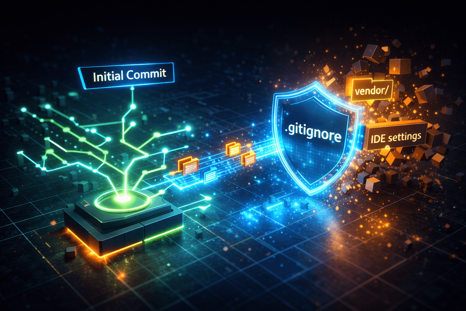 Ein abstrakter Git-Verzeichnisbaum mit einem leuchtenden Commit-Node, der die Versionierung eines isolierten Contao-Bundles symbolisiert. Daneben eine Schutzbarriere, die unnötige Dateien abwehrt.