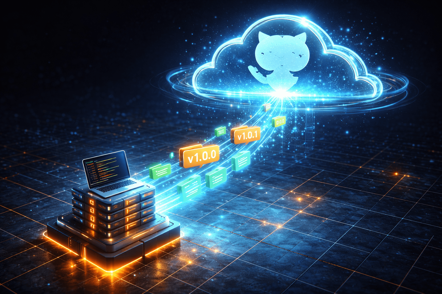 Ein leuchtender Datenstrom transportiert Code-Pakete von einem lokalen Git-Knotenpunkt hoch in eine Cloud-Struktur in Form des GitHub-Logos. An den Paketen hängen digitale Etiketten mit Versionsnummern wie v1.0.0.