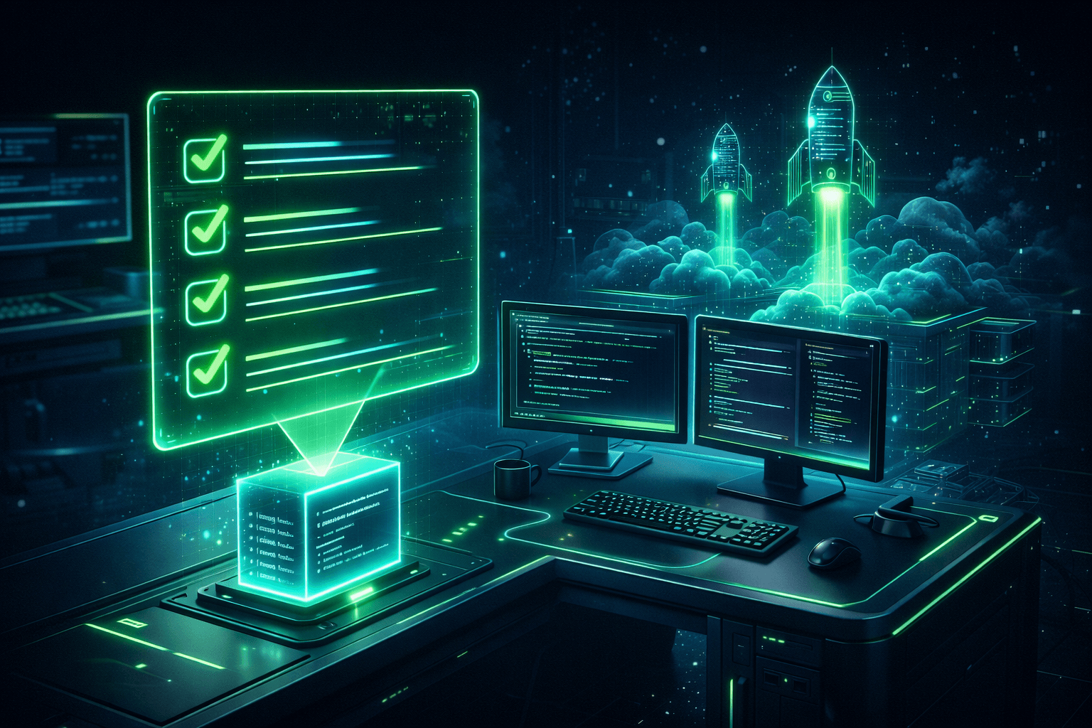 Ein Entwickler blickt auf ein schwebendes, leuchtendes Hologramm einer Checkliste, während im Hintergrund erfolgreiche Code-Deployments als leuchtende Datenpakete visualisiert werden.