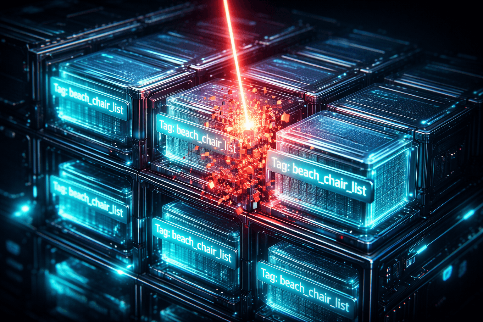 Darstellung von digitalen Containern (Caches), die mit neonfarbenen Etiketten (Tags) versehen sind. Ein Laserstrahl löscht gezielt einen spezifischen Container, während die anderen unberührt bleiben.
